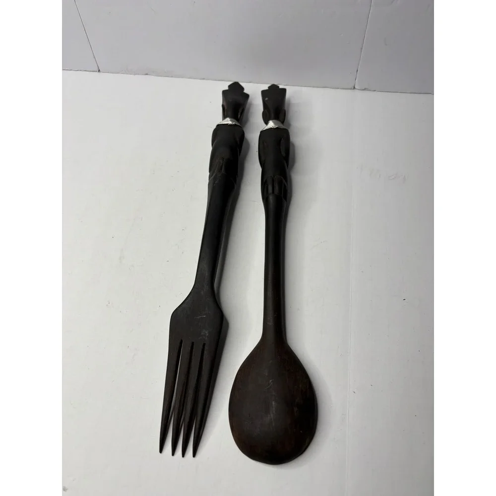 Vintage African Hand Carved Wood‎ Tribal Salad Server Set Fork Spoon Figural 15